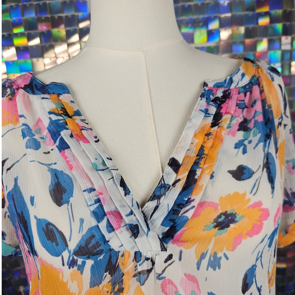 Women's Sheer Floral V-Neck Short Sleeve Tunic Top‎ Blouse - Picture 4 of 9